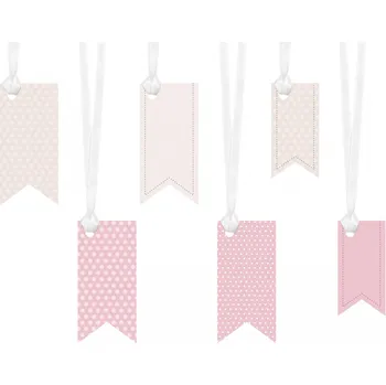 Jmenovka na stůl Jmenovky na dárky ve tvaru vlajek růžovo-béžově se šňůrkou mix velikostí, 6 ks
