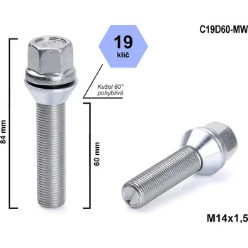 Šroubek na kolo Kolový šroub M14x1,5x60 kužel pohyblivý, klíč 19, C19D60-MW, výška 84 mm