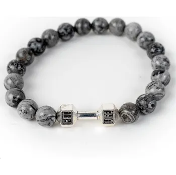 Náramek WUX Fitness náramek ŠEDÝ JASPIS Barva činky: Zlatá činka, VELIKOST NÁRAMKU: Pánská