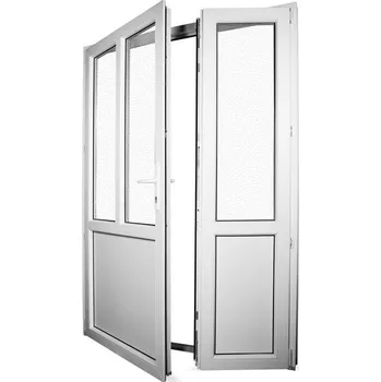 Vchodové dveře SkladOken.cz 148x208 cm (1480x2080 mm) | Dvoukřídlé se štulpem | Bílé | Levé | Neprůhledné sklo činčila | Pro otvor 150x210 cm (1500x2100 mm) | Dveře do provozovny | 6 komor | 80 mm