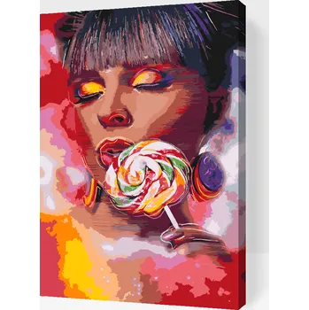 Malování podle čísel - Žena s lízátkem Velikost: 40x60cm, Rámování: Pouze srolované plátno