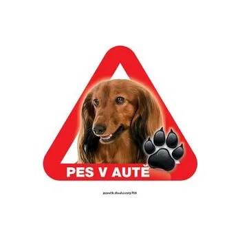 Značení Grel nálepka na sklo pozor pes v autě jezevčík dlouhosrstý