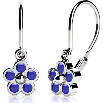 Náušnice Dětské náušnice - kytičky z bílého zlata s tmavě modrými zirkony