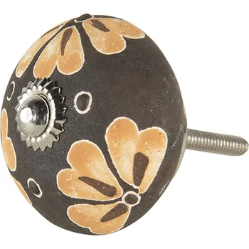 Dveřní kování Hnědá keramická úchytka s květy - 4*6 cm
