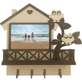 Věšák Věšák na klíče s fotorámečkem "SOVIČKY" čislo: bílá + tmavě hnědé elementy