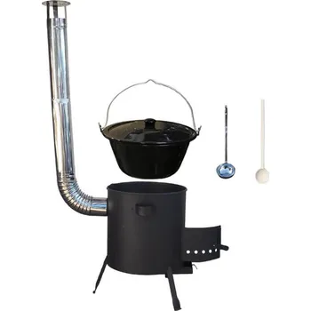 Kempingové nádobí Smaltovaný kotlík 30 L + žáruvzdorná kotlina (1 mm) 42 PLUS 600 + poklice + vařečka + naběračka