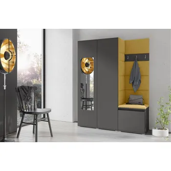 Předsíňová stěna Eka Předsíňová stěna s čalouněnými panely Trinity 11 - Grafit / Žlutá 2318