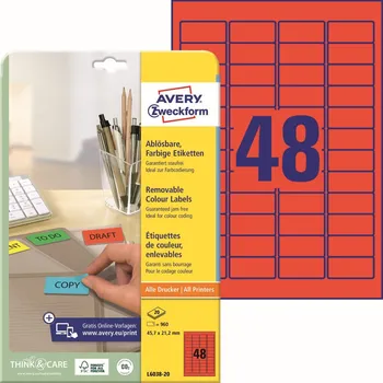 Samolepící etiketa Avery Zweckform L6038-20 Barevné snímatelné etikety 45,7x21,2 mm, 960 ks, červené + online software pro tisk etiket + tiskové šablony ke stažení zdarma