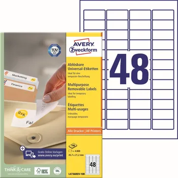 Samolepící etiketa Avery Zweckform L4736REV-100 Snímatelné etikety 45,7x21,2 mm, 4800 ks, bílé + online software pro tisk etiket + tiskové šablony ke stažení zdarma