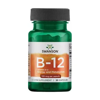 Swanson Vitamin B-12 (Cyanocobalamin) Doplněk stravy s vitaminem B12 30 ks, kapsle, 500 mcg