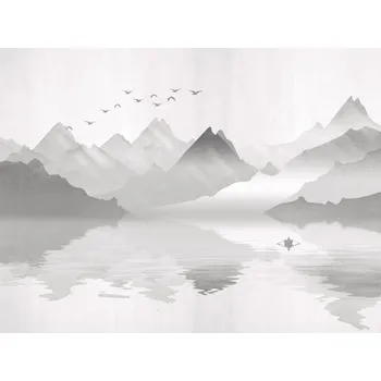 Fototapeta FTNS 1246 AG Design vliesová fototapeta 4-dílná Misty Mountain, horské jezero v mlze, loďka na jezeře, velikost 360 x 270 cm
