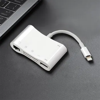 Datový kabel Přepojka / adaptér pro Apple iPhone / iPad - Lightning / 2x USB-A + ethernet + SD + Lightning - bílá