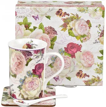 Porcelánový hrnek Paeonia 300 ml, lžička a podtácek v dárkové krabičce (136647 033 R2005M/N-C460 hrnek+podtalířek)
