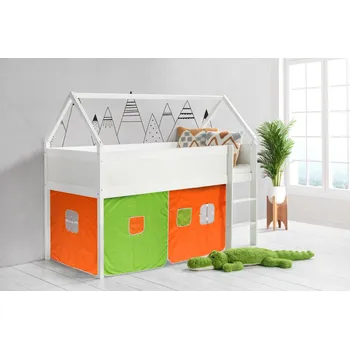 Dětská postel Svět pokojů Dětská vyvýšená postel DOMEK bílá - oranžovo/zelená