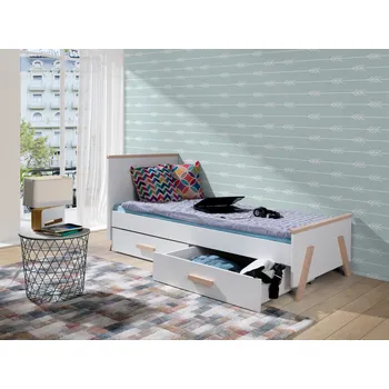 MebloBed Postel Kora s úložným prostorem 80x180 cm (Š 87 cm, D 190 cm, V 80 cm), Přírodní buk + bezbarvý lak, Bílá PVC, bez matrací
