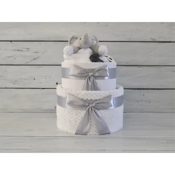 plenkový dort dortNEdort Dvoupatrový černobílý plenkový dort se sloníkem a chrastítkem Bílá deka, slon a špendlík - náplň pro chlapečka 246_MIM4