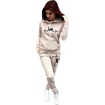 Pohodlná zateplená dámská tepláková souprava s potiskem kočičky Barevná varianta: Khaki, Velikost: M