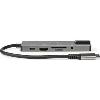 Elektrická zásuvka NEDIS USB Adaptér | USB 3.2 Gen 1 | USB-C™ Zásuvka | RJ45 Zásuvka / SD / Výstup HDMI™ / 2x USB-C™ / 3,5 mm Zásuvka / 3x USB-A Zásuvka | 5 Gbps | 0.20 m | Kulatý | Pozlacené | PVC | Antracit | Box