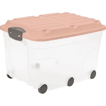 Úložný box Velký úložný plastový box na kolečkách, na hračky / nářadí, růžové víko, 57 L