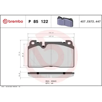 Brzdová destička Sada brzdových destiček, kotoučová brzda BREMBO P 85 122