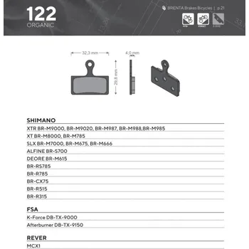 Brzdová destička BRENTA BIKE brzdové destičky organické MTB / silniční polokovové vhodné pro SHIMANO XTR BR-M9000, BR-M9020, BR-M987, BR-M988, BR-M985, XT BR-M8000, BR-M785, SLX BR-M7000, BR-M675, BR-M666, DEORE BR-M615 BR122 (BRENTA BIKE brzdové destičky organické MTB /)