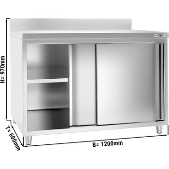 Kuchyňská skříňka G.Gastro Pracovní skříňka PREMIUM z nerezové oceli - 1,2 m - s posuvnými dveřmi a & obkladovým panelem