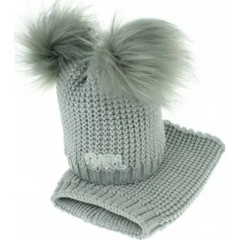 Kojenecká čepice Zimní čepička s komínkem - chlupáčkové bambulky - šedá, Velikost koj. oblečení 80-92 (12-24m)