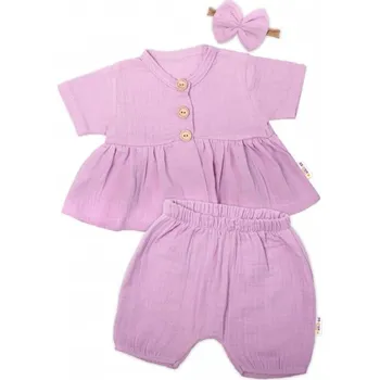 Kojenecké oblečení Baby Nellys 3-dílná mušelínová soupravička, tunika/halenka, kraťasky, čelenka, lila, Velikost koj. oblečení 56 (1-2m)