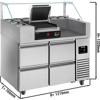 Servírovací stolek G.Gastro Přípravný stůl - 1,21 x 0,7 m - s 4 šuplíky 1/2 - vč. digitálního kontakního grilu