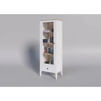 Knihovna Buková vitrína ROMA White SST2 bílá Dvířka: Dvířka - mléčné sklo, Úchyty: úchyt - černá