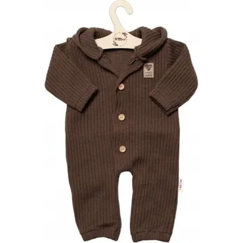 Kojenecký body Baby Nellys Pletený overálek s kapucí a knoflíčky Hand Made, hnědý, Velikost koj. oblečení 56-62 (0-3m)