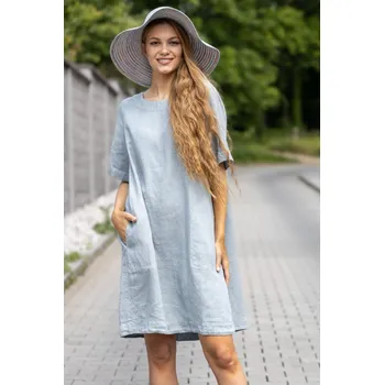 Dámské šaty H&D HOME DESIGN H&D dámské volné lněné šaty světle modré Velikost: 40