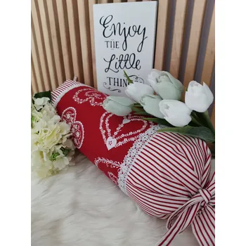 Povlak na polštářek Povlak na podhlavník – Bílá srdce na červené s pruhy | Ruční výroba z bavlny