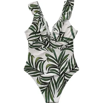 Dámské plavky Dámské plavky jednodílné s volánky lemující výstřih (1-6) Barva: zelené listy 01, Velikost: M