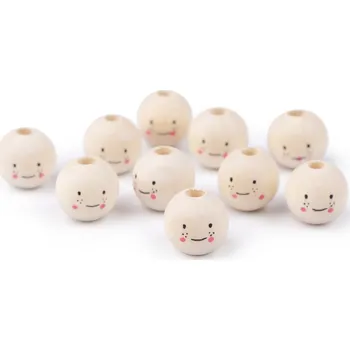 Dětské navlékací korálky Dřevěné korálky s obličejem Ø16 mm, barva 1 přírodní sv.