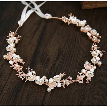 Čelenka B-TOP Čelenka do vlasů s květy a perličkami - zlatá růžová