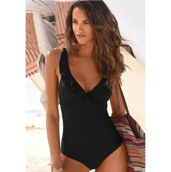 Dámské plavky Dámské plavky jednodílné s volánky ve výstřihu Barva: černá 15, Velikost: L