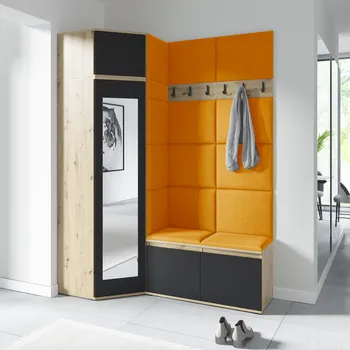 Předsíňová stěna Eka Předsíňová stěna s čalouněnými panely Trinity 37 - Dub Artisan s černou / Hořčicová 2326