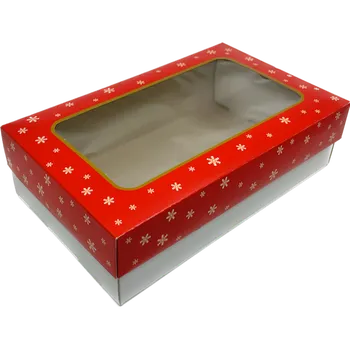 Dárková krabička Vánoční krabička červená s průhledným okénkem na 1 kg cukroví 25x15x7 cm