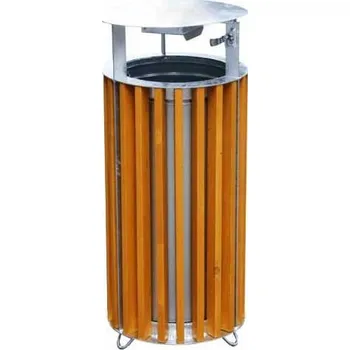 Odpadkový koš Dřevěný koš se stříškou, kulatý, odstín dřeva pinie, objem 50 l, výška 940 mm