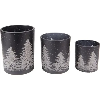 Svícen 3ks černý skleněný svícen na čajovou svíčku se stromky – 10x12 / 9x10 / 7x8 cm