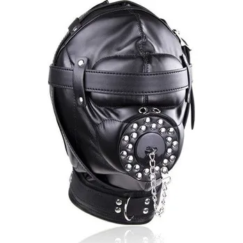 Erotická maska Slave4master Sensory Deprivation Hood, černá kukla se zátkou a šněrováním