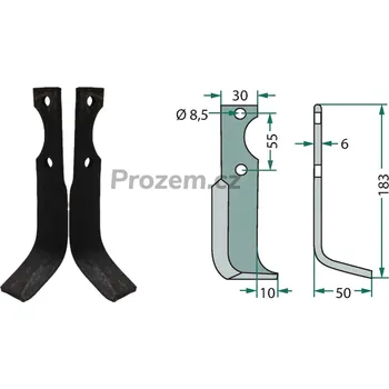 Fréza Frézovací zahnutý nůž pravý pro Carraro, Antonio Carraro, 37935004, 55/8,5/183 mm