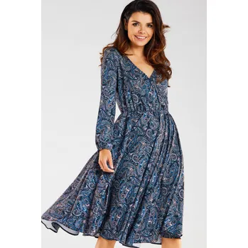 Dámské oblečení Midi šaty s psaníčkovým výstřihem se vzorem A466 Barva: Tmavě Modrá, Velikost: L