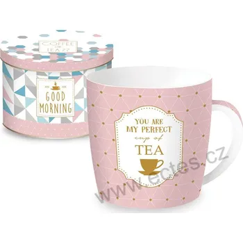 Easy Life MY PERFECT CUP OF TEA růžový porcelánový hrnek s trojúhelníky v plechové dóze 350ml