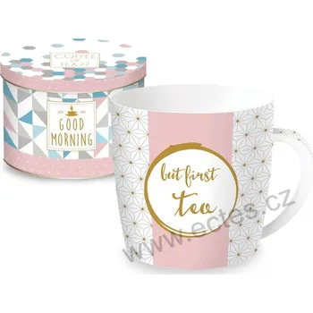 Easy Life BUT FIRST TEA porcelánový hrnek s růžovým pruhem a hvězdičkami v plechové dóze 350ml