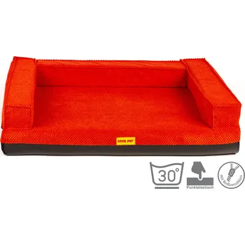 Pelíšek pro psa Ortopedický pelíšek, 5 velikostí, polstrovaný okraj 10cm vysoká paměťová pěna červený velur/červená eko kůže 70x52cm, vnitřní rozměr 50x42cm