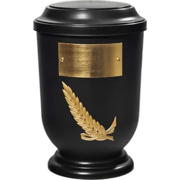 Smuteční dekorace Pohřební Plastová urna na popel, oválné prohlé víčko, černá, štítek č. 50, 100 x 50, zlatá snítka