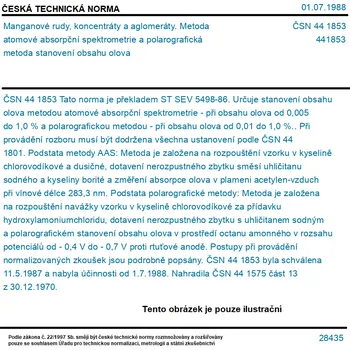 ČSN 44 1853 - Manganové rudy, koncentráty a aglomeráty. Metoda atomové absorpční spektrometrie a polarografická metoda stanovení obsahu olova - Tisk
