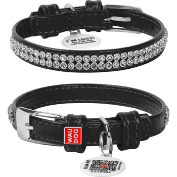 Obojek pro psa Černý lakovaný kožený obojek s našitým páskem s vysokolesklým krystaly. Obvod krku: 19-25cm, šířka: 9mm